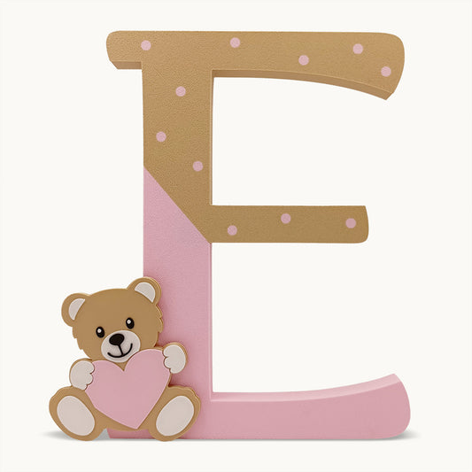 Lettery, lettera decorativa con pois rosa e beige con orsetto, regalo nascita personalizzato